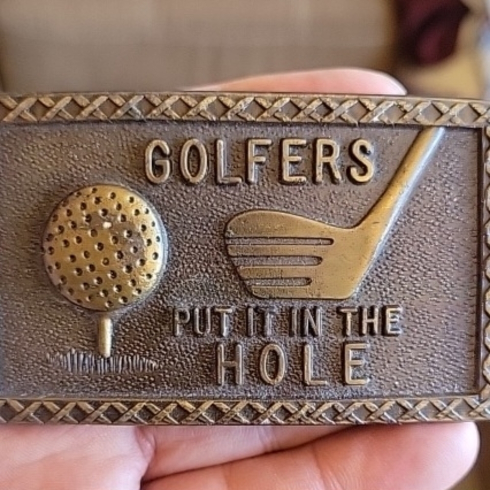 Vintage Solid Brass Golf Golfer Sport "Put it in the Hole" Belt Buckle